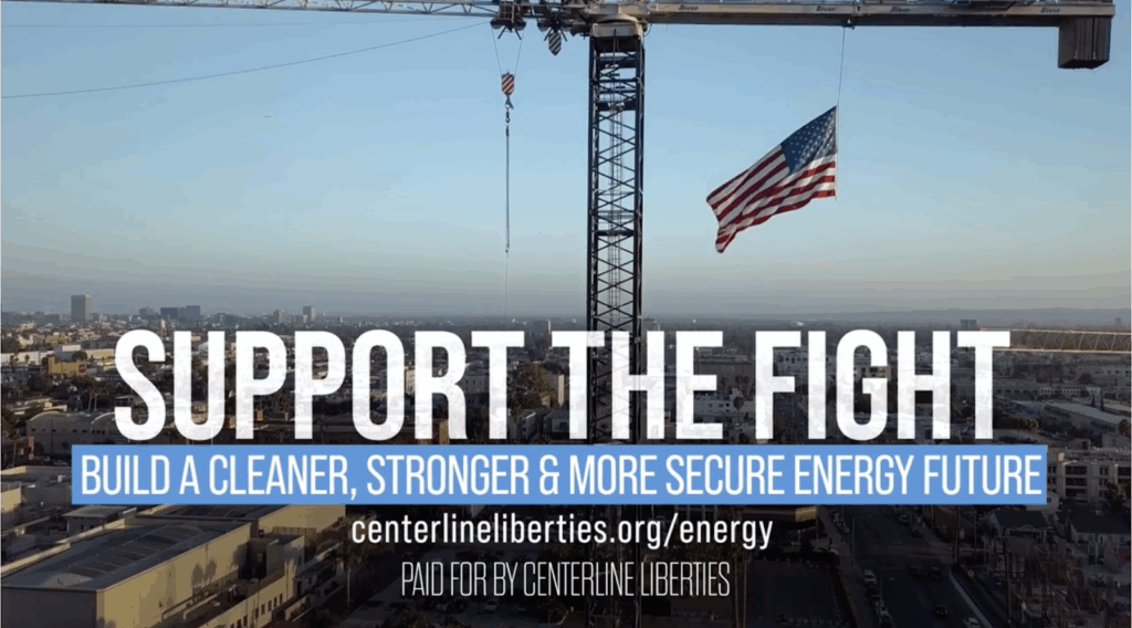 Screenshot of video with an American flag blowing in the wind with the text "Support the FIght, Build a cleaner, stronger, & more secure energy future"